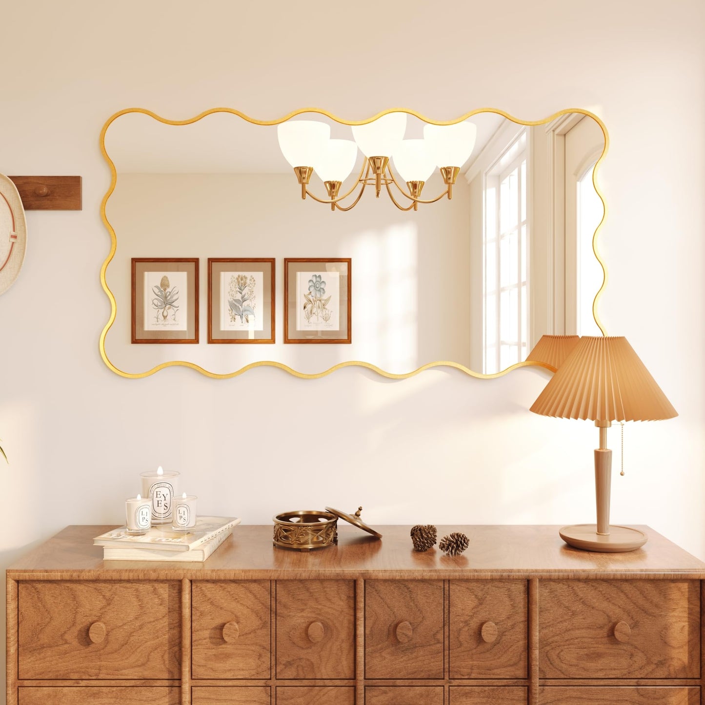 Kelly Miller 28x50 Inch Gold Scalloped Mirror, Large Rectangular Wavy Edge Bathroom Vanity Wall Mirror Decorative for Bedroom Living Room Entryway Fireplace Mantle