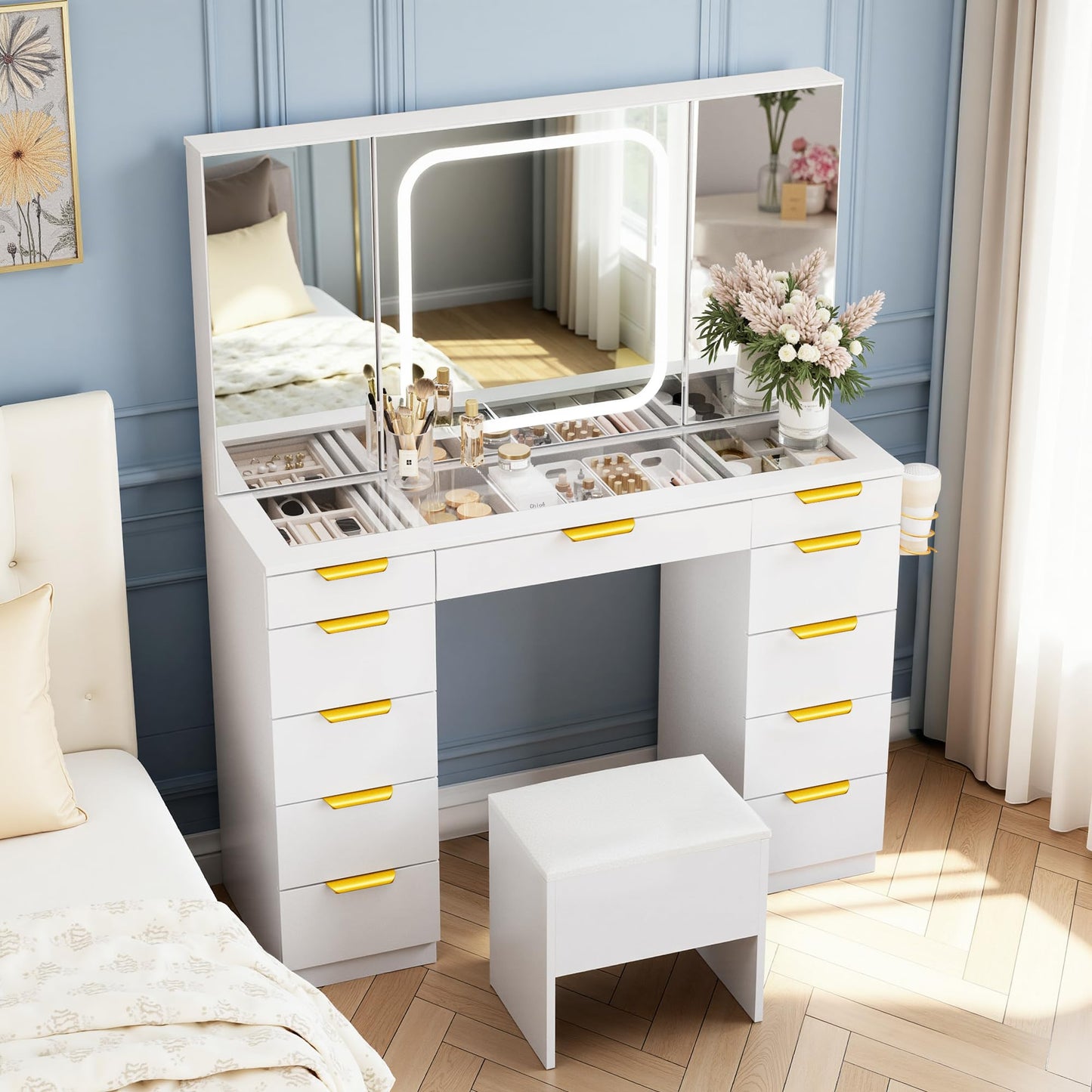 Fkhouse Glass Top Vanity Desk with Foldable Mirror and Lights, 11 Drawers Makeup Vanity with Charging Station, 3 Lighting Modes Dressing Table with Chair, White