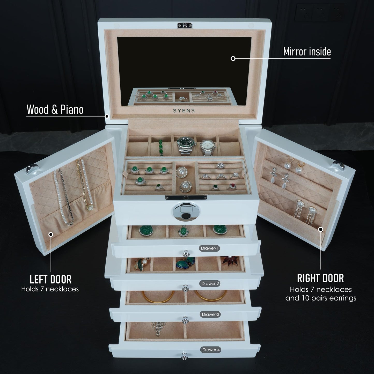 SYENS White Wood Jewelry Box, Large Size, Fingerprint Unlock, Seven Level Jewelry Organizer with Necklace Hanger and Mirror, High Gloss Lacquer Finish (5L-WT)