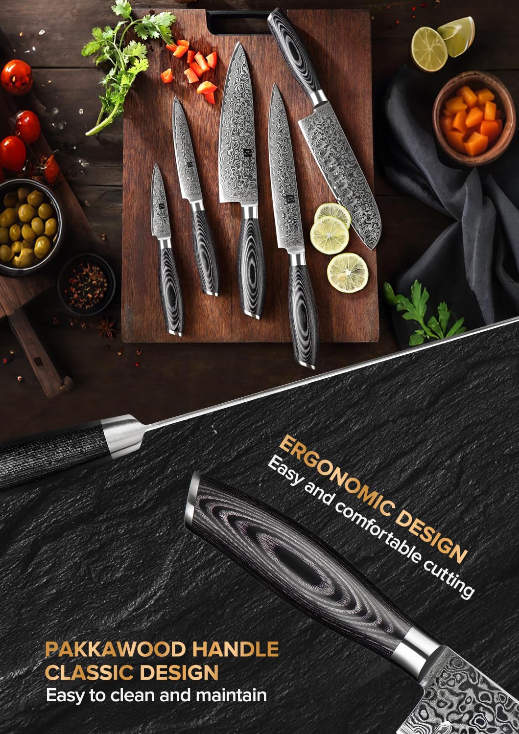 XINZUO 5-Piece Kitchen Knife,Super Sharp Damascus Steel Professional Chef Knife Set with Pakkawood Handle, Gift Box