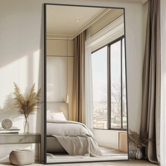 Mirrorons 82"x44" Oversized Black Full Length Mirror, Floor Standing or Wall Mounted with Hanging Kit, Shatterproof Tempered Glass Mirror for Living Room, Bedroom, Dressing Room, Gym