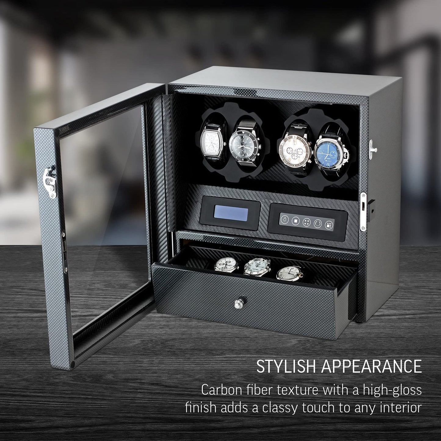 4 Watch Winder with 5 Watch Storage Space, LCD Display, Touch Control and Interior Light (Carbon + Black)