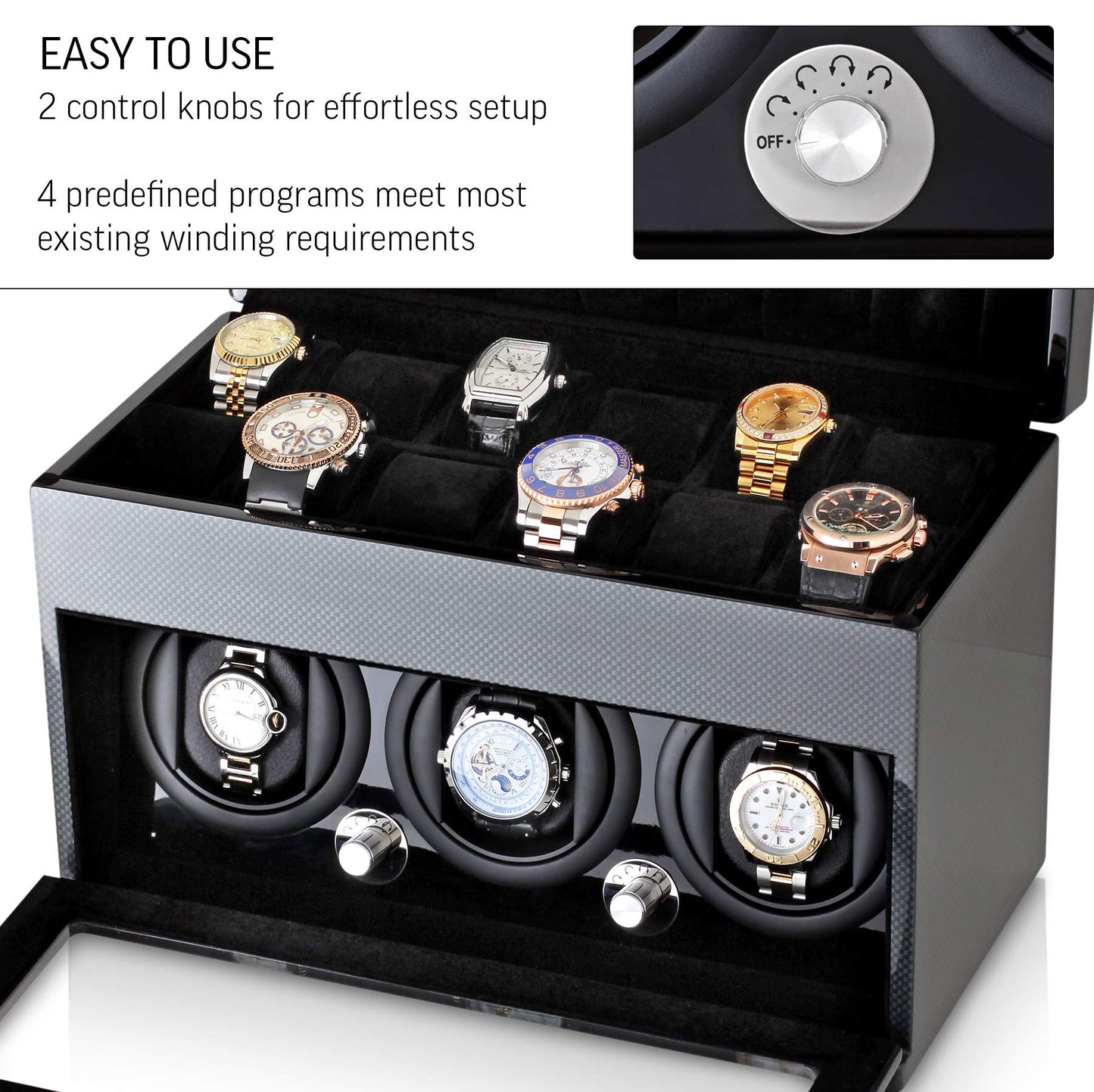 Watch Winder and Storage box for winding 3 Automatic Watches and 12 Watch Storage Space (Carbon + Black)