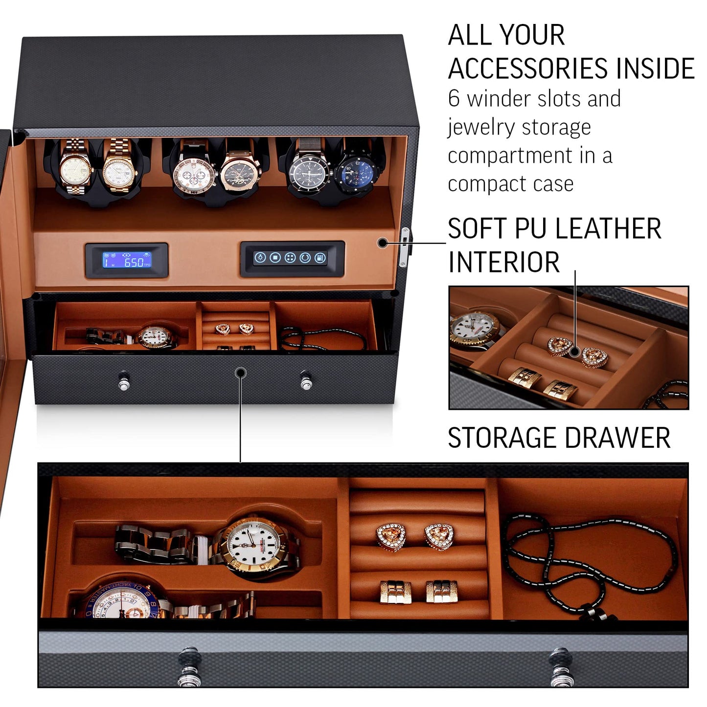 Automatic Watch Winder with 6 Storage Slots, LED Light and Automatic Motor-Stop Option