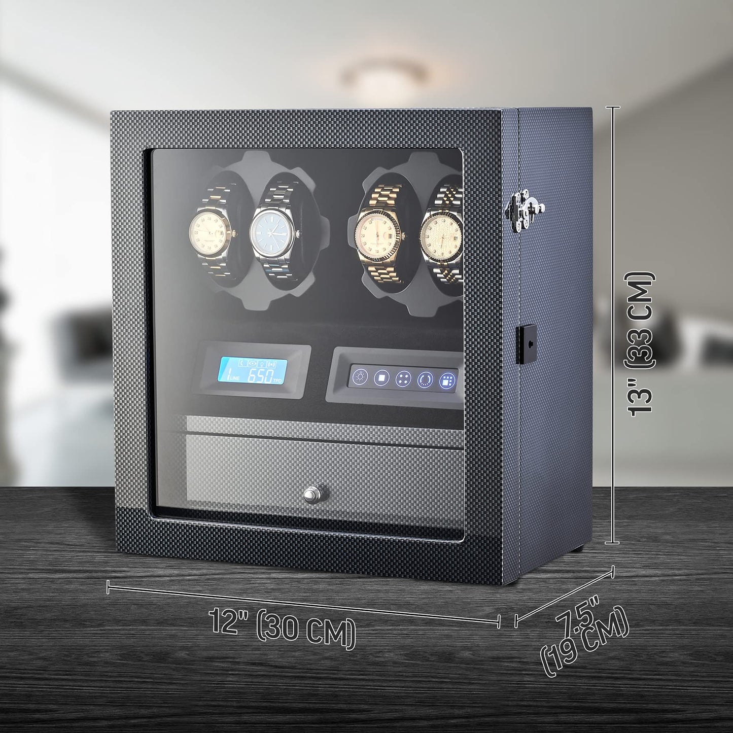 4 Watch Winder with 5 Watch Storage Space, LCD Display, Touch Control and Interior Light (Black + Black)
