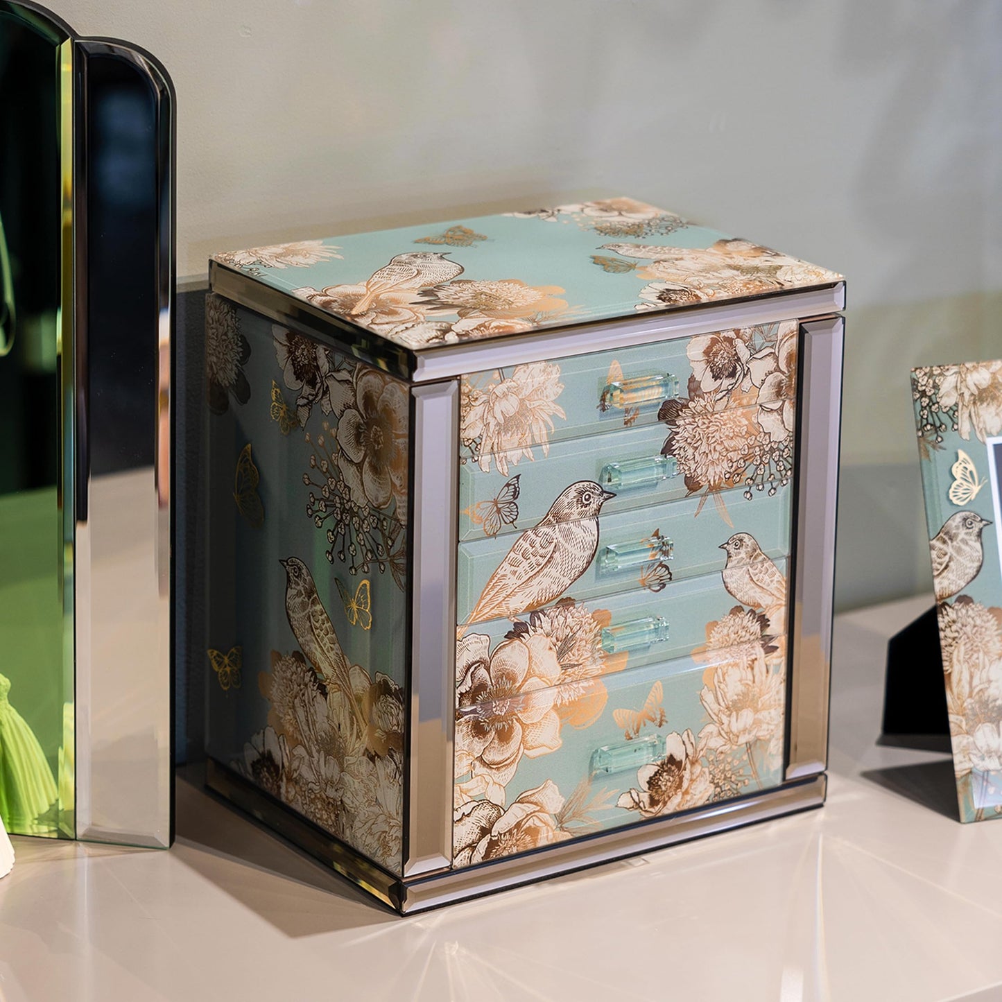 Homruilink High End Glass Jewelry Box, 5 Layer Jewelry Organizer for Women, Side Doors & Mirror, Velvet-Lined Storage for Rings & Necklaces, Ideal Gift (Bird & Floral)