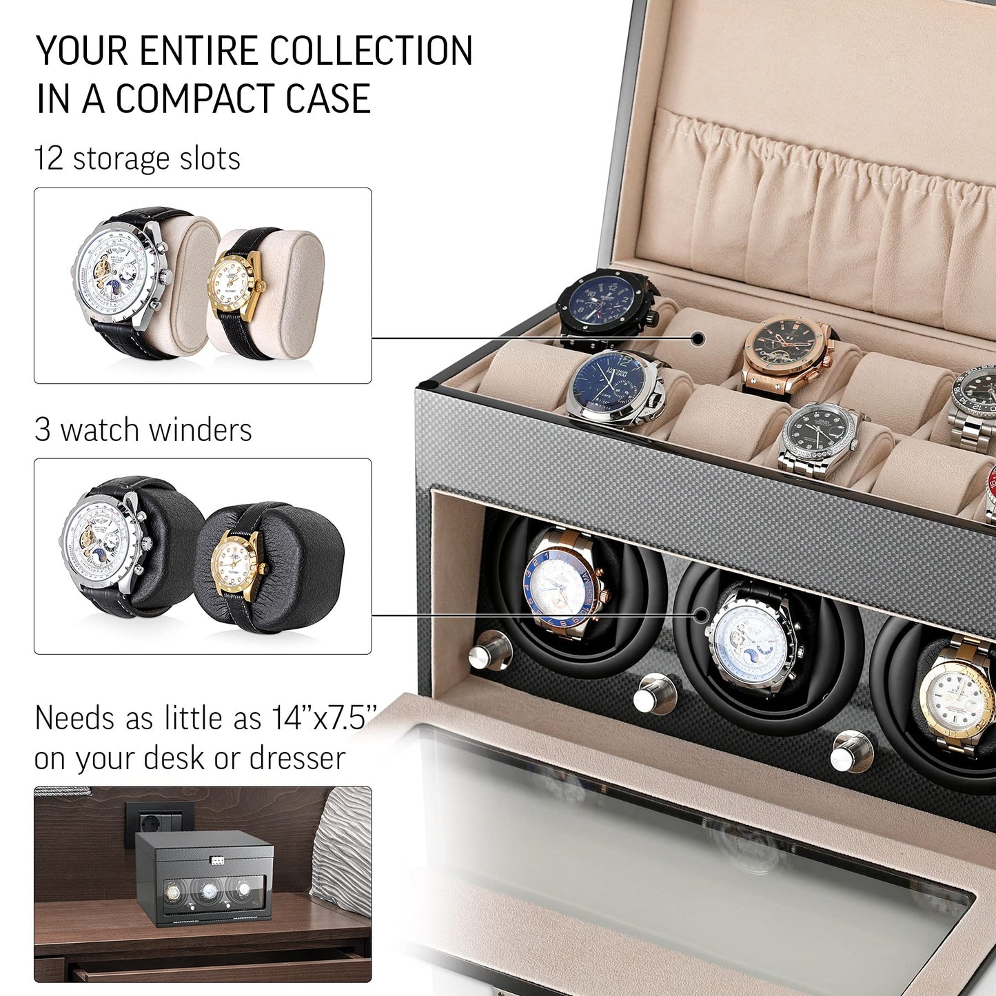 Watch Winder and Storage box for winding 3 Automatic Watches and 12 Watch Storage Space (Carbon + Beige)