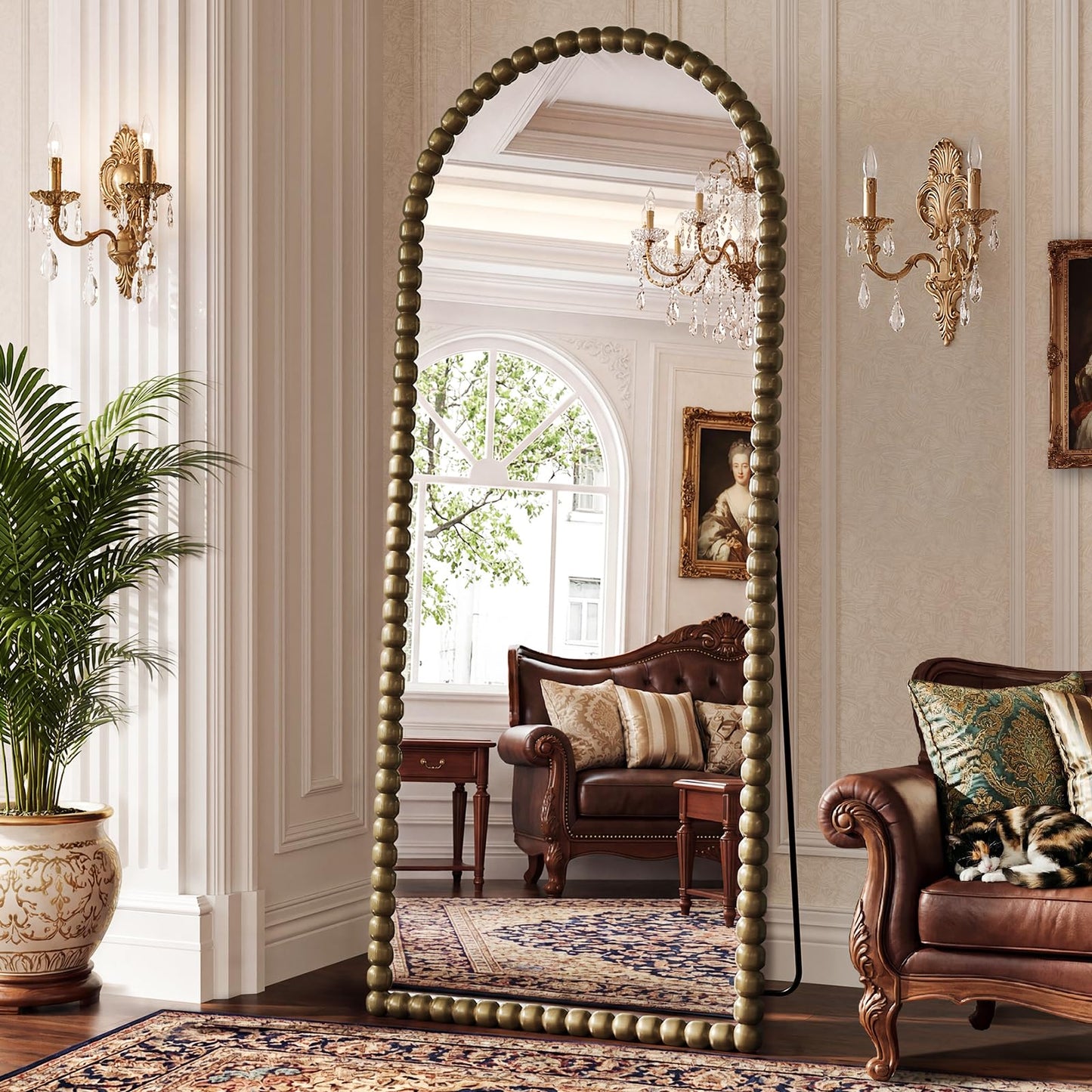 FlyEcho Arched Full Length Mirror, 71"x28" Antique Beaded Full Body Mirrors, Large Floor Mirror with Stand, Hanging Mounted for Bedroom Living Room Cloakroom Hallway Decor, PU Frame, Bronze
