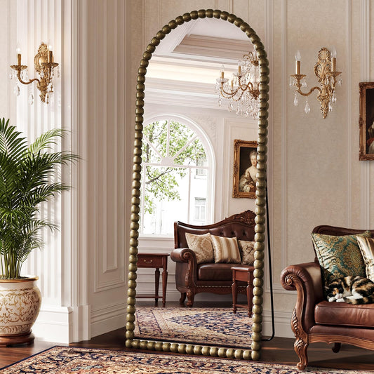 FlyEcho Arched Full Length Mirror, 71"x28" Antique Beaded Full Body Mirrors, Large Floor Mirror with Stand, Hanging Mounted for Bedroom Living Room Cloakroom Hallway Decor, PU Frame, Bronze