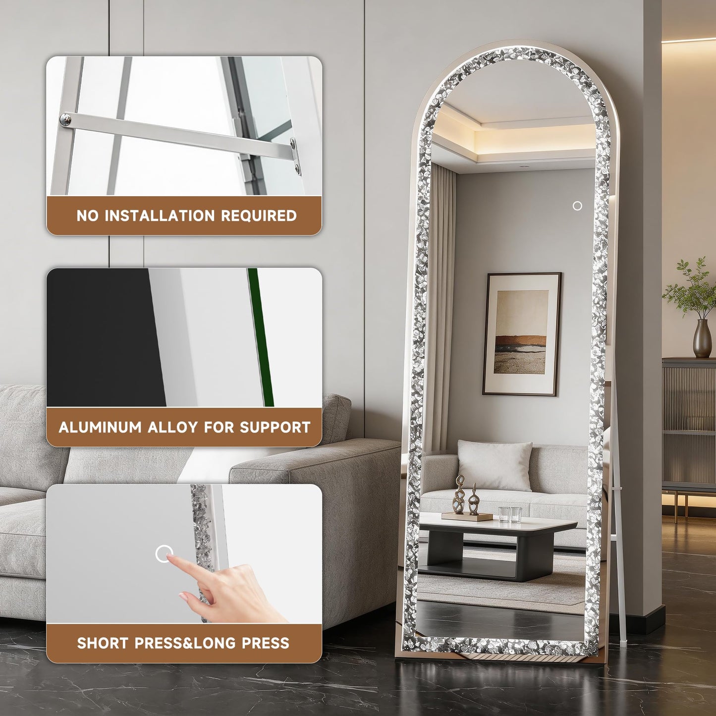 WINNICE 71"×24" Full-Length Mirror with Lights- Arch Crystal Crush Diamond Wall Mounted Hanging Diamond Mirror Leaning for Living Room Bedroom