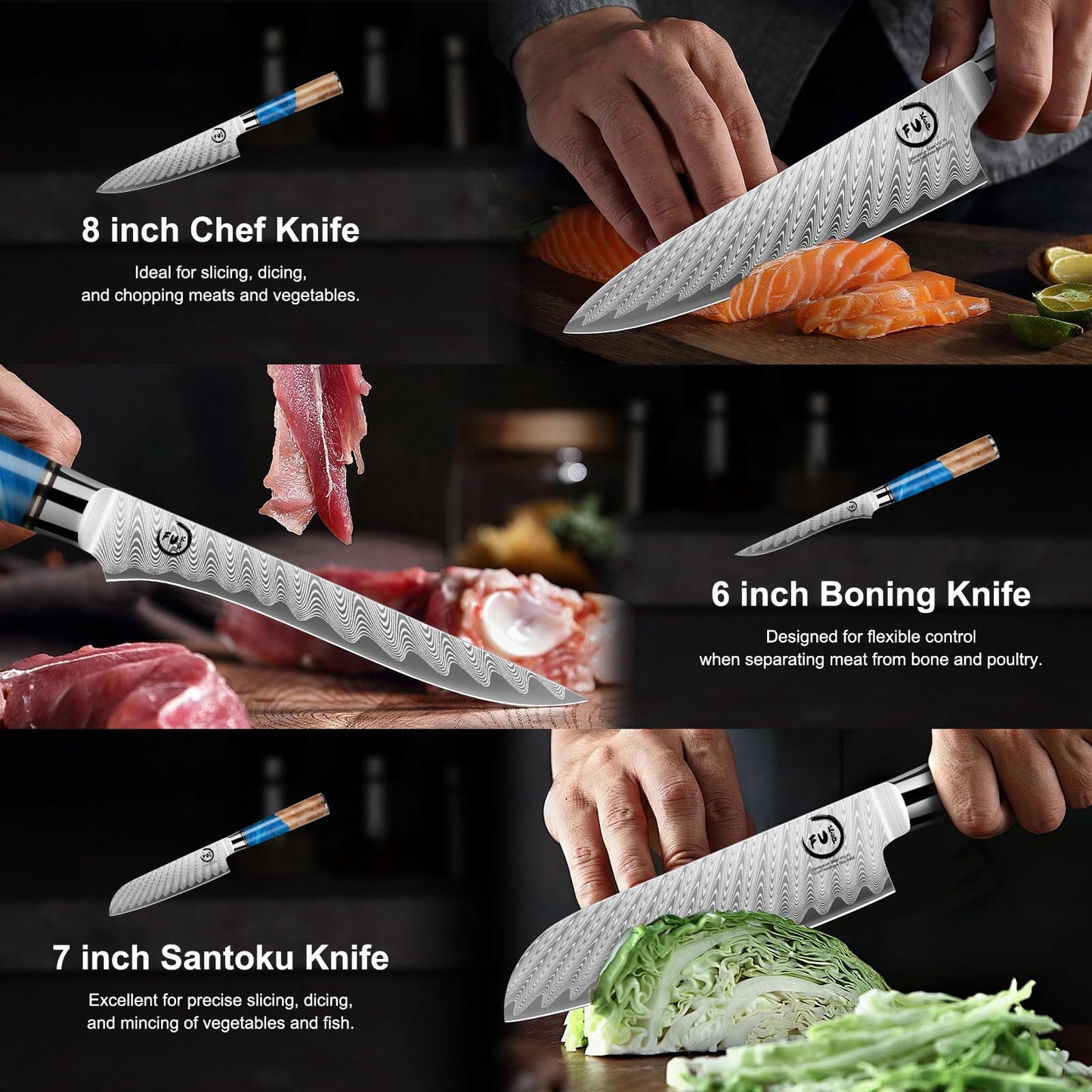 Fukep 5 Piece Damascus Knife Set, Professional Japanese Knife Set with Japanese VG 10 Steel Core, Blue Resin Handle, Includes Chef, Santoku, Bread, Boning & Paring Damascus Knives in Gift Box
