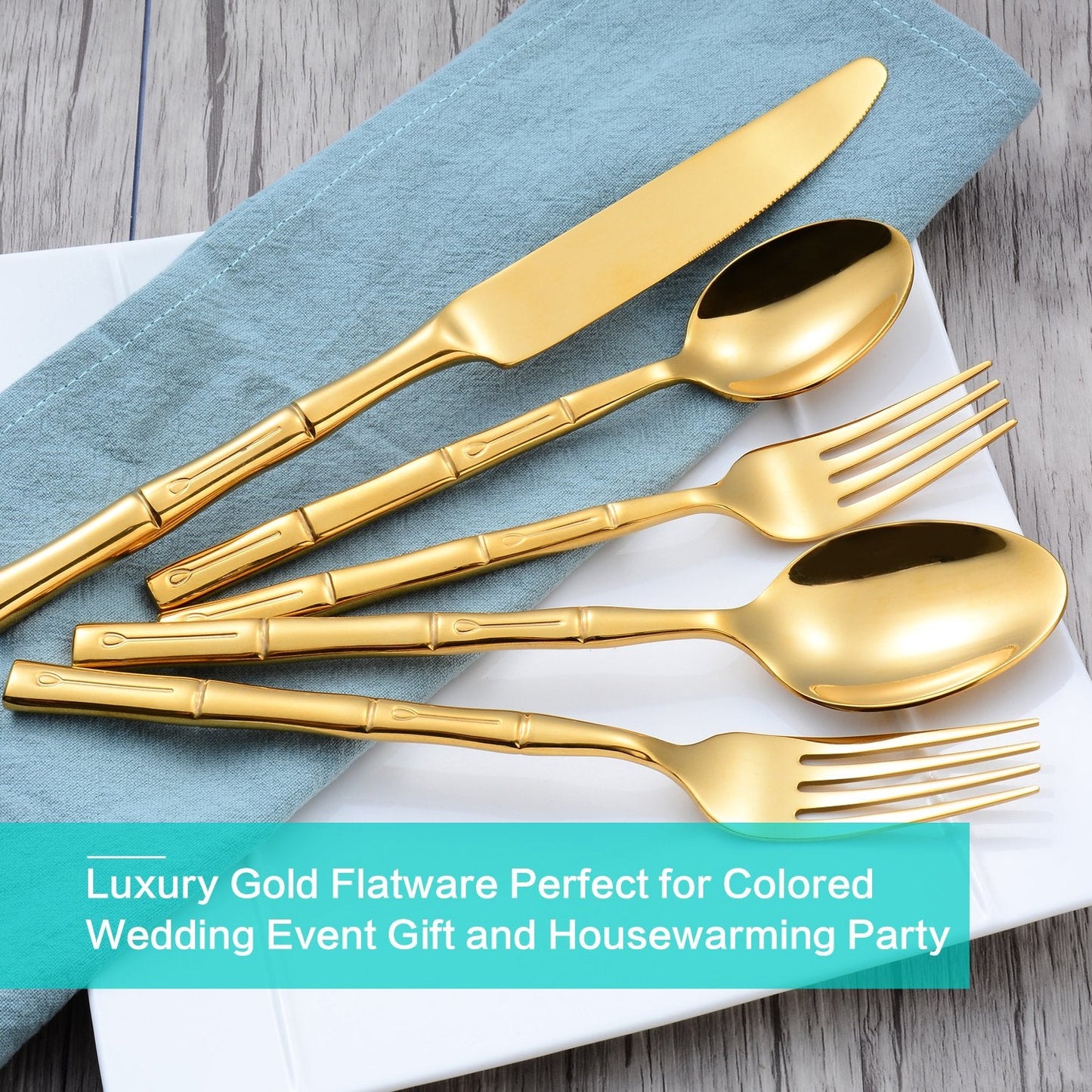 Flatasy Silverware Set Gold Flatware Set Stainless Steel Bamboo Handle Cutlery Set Mirror Polished 60 Pieces for Home Kitchen Restaurant Hotel Wedding Housewarming Gift Service for 12