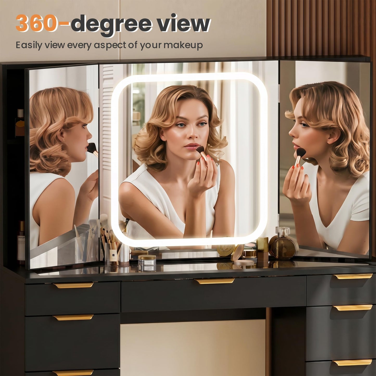 Fkhouse Glass Top Vanity Desk with Foldable Mirror and Lights, 11 Drawers Makeup Vanity with Charging Station, 3 Lighting Modes Dressing Table with Chair, Black