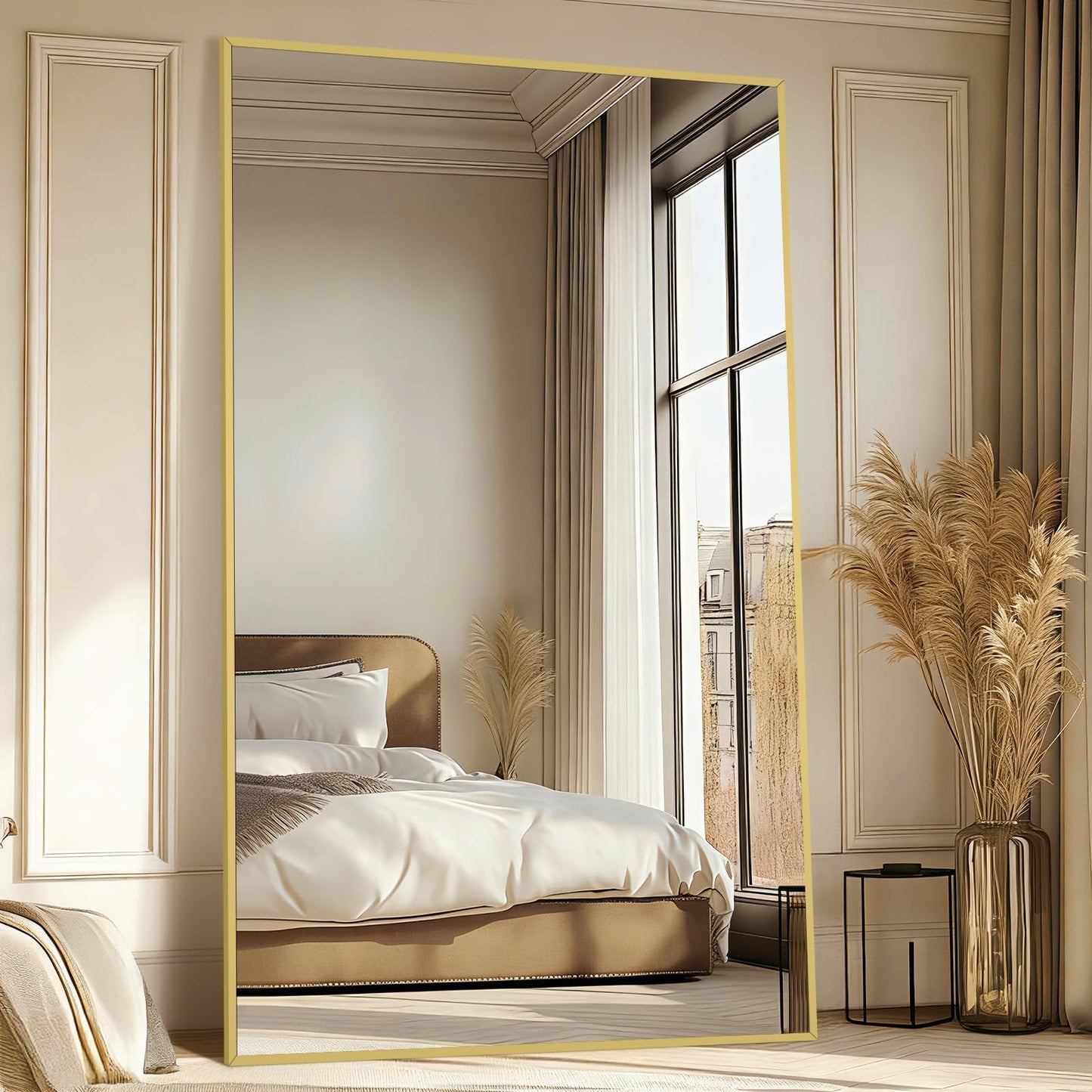 Mirrorons 76"x44" Oversized Full Length Mirror, Floor Standing or Wall Mounted with Hanging Kit, Shatterproof Tempered Glass Mirror for Living Room, Bedroom, Dressing Room, Gym (Gold)