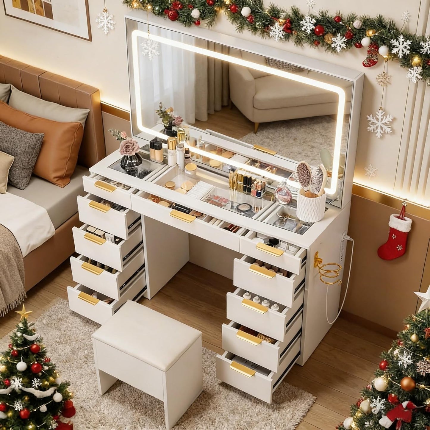 Fkhouse Glass Top Vanity Desk with Mirror and Lights, 11 Drawers Makeup Vanity with Stool, 3 Lighting Modes Dressing Table with Power Outlet, Golden Handles, White