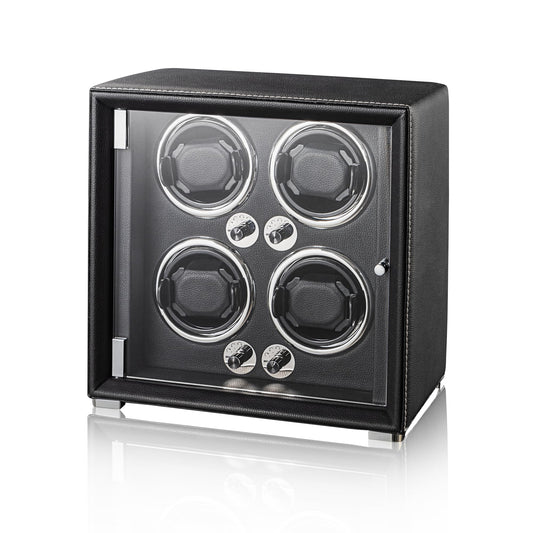 KOHUDIS Watch Winder for 2/4/6/9 Automatic Watches, high-end Leather Making, Super Quiet Mabuchi Motor, Two Power Modes, Built-in led Lights (Black, 4 Slots)