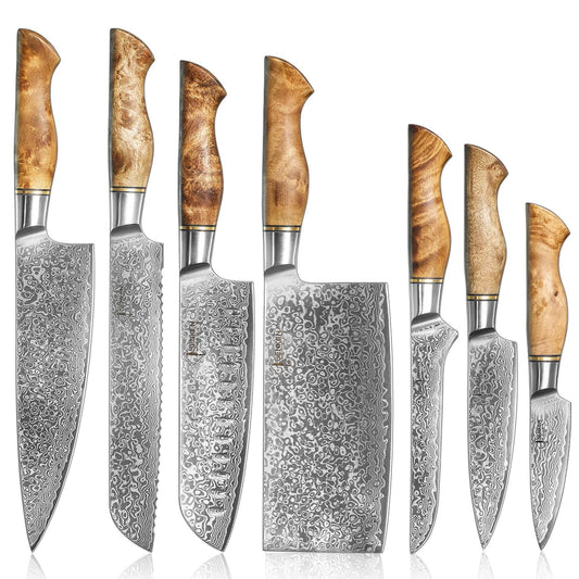 SENKEN 7-Piece Damascus Kitchen Knife Set - Dynasty Collection - 67-Layer Japanese VG10 Steel with Sycamore Wood Handles, Chef's Knife, Cleaver, Bread, Santoku, Boning, & More