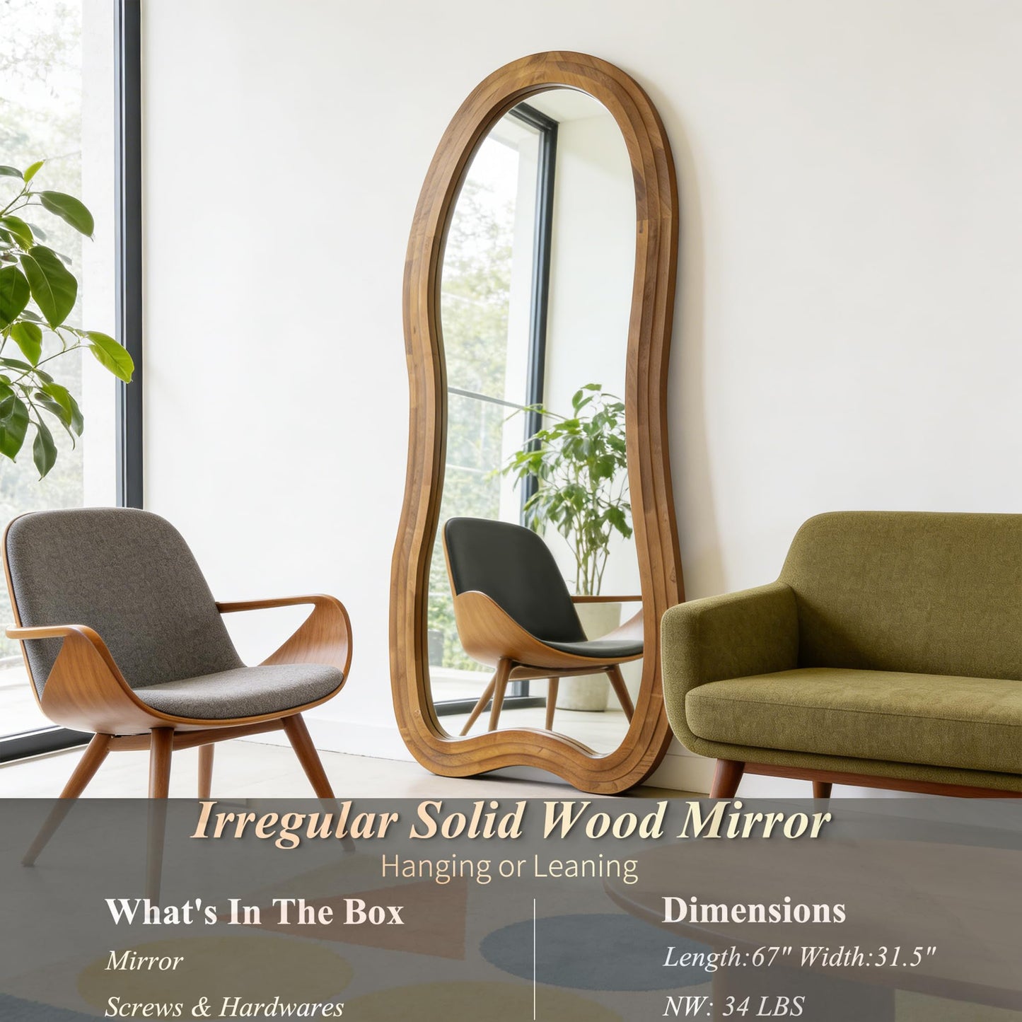 DAOYIJIAJU Irregular Floor Mirror, 67"x31.5" Large Wavy Mirrors with Triple Layer Solid Wood Frame, Premium Asymmetrical Full Length Mirror for Living Room Entryway Hallway Bedroom, Leaning/Hanging