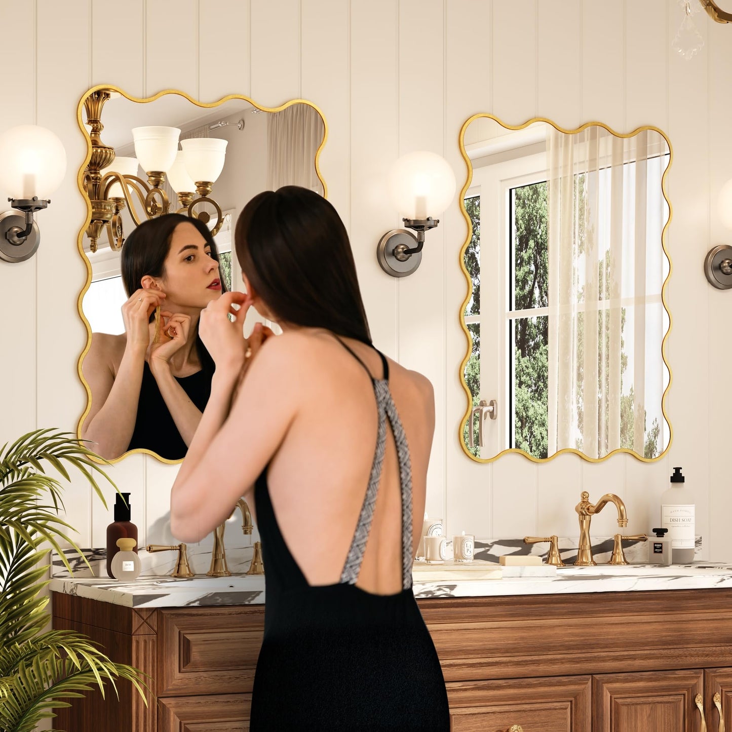 Kelly Miller 30x40 Inch Gold Scalloped Mirror, Large Rectangular Wavy Edge Bathroom Vanity Wall Mirror Decorative for Bedroom Living Room Entryway Fireplace Mantle