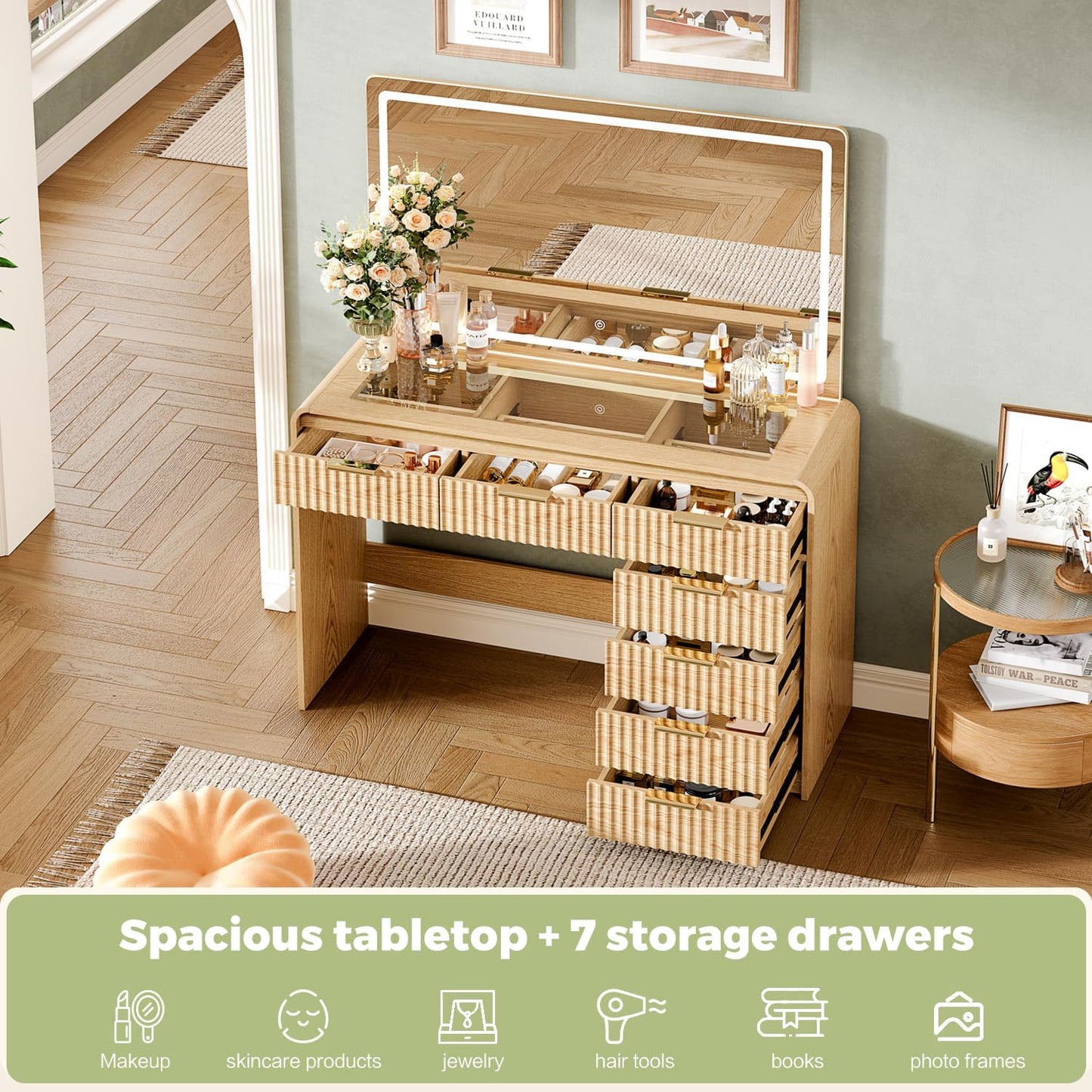 47“Makeup Vanity Desk with 44.8" Mirror and Lights, Vanity Desk with 7 Drawers, Makeup vanity table with a glass tabletop, 3 Color Modes & Adjustable Brightness Dressing Table, Bedroom,Oak515