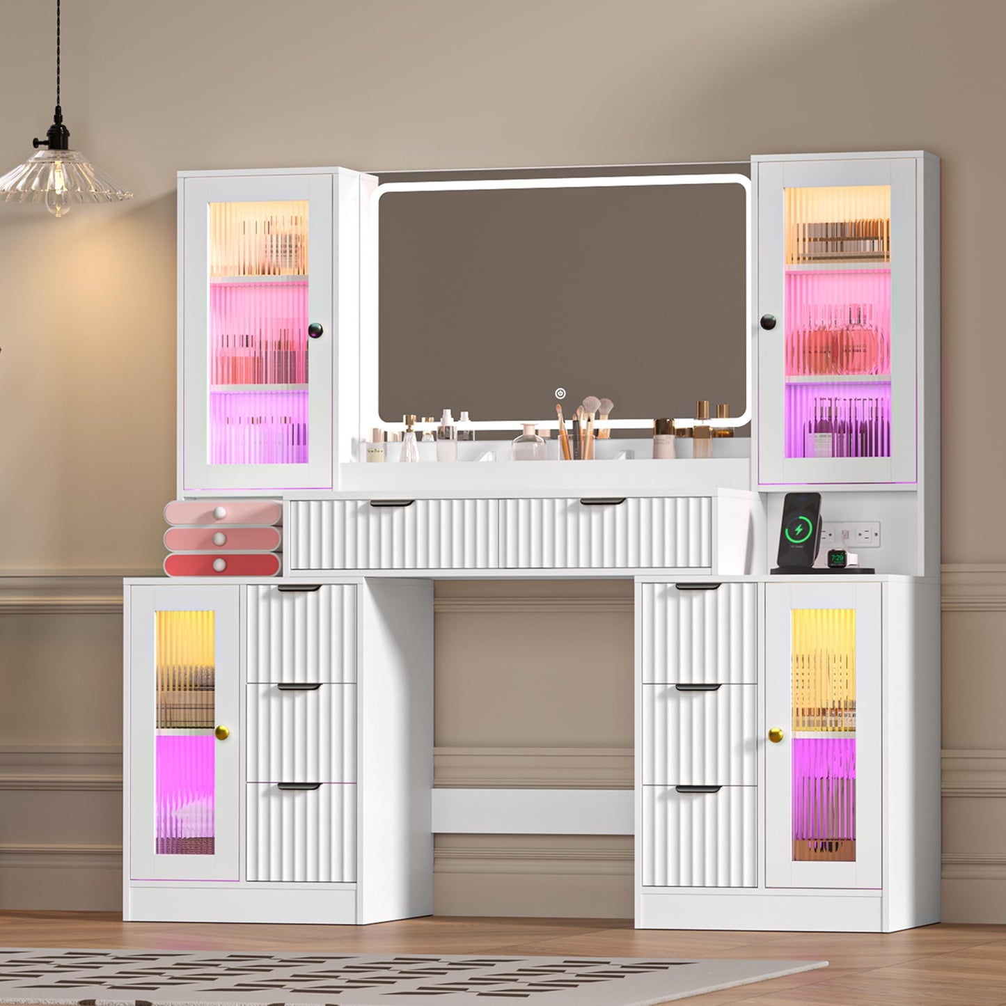 Fluted Makeup Vanity Desk with Mirror and Lights, 55" Glass Top Vanity with 8 Drawers & 4 RGB Glass Cabinets, Adjustable Shelves & Power Outlet, Modern Dressing Table Set for Women Girls Bedroom