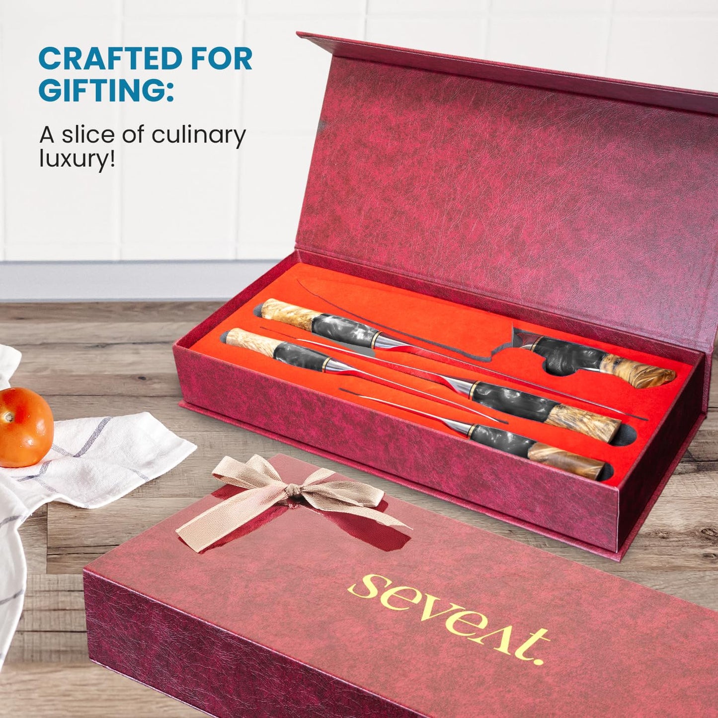 Seveat Damascus Kitchen Knife Set | 67-Layer Damascus Steel | Professional Japanese Chef Knife Set | Ergonomic Wood & Resin Handle | Gift Box Included (Black, 5-Piece Set)