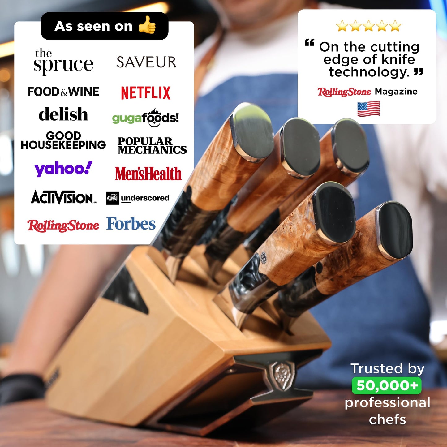 DALSTRONG Knife Block Set - 5 Piece - Valhalla Series - Ravenstone Black Blade Titanium Coated - Premium 9CR18MOV HC Steel - Resin & Wood Handle - Razor Sharp - Kitchen Cooking Chef's Knife