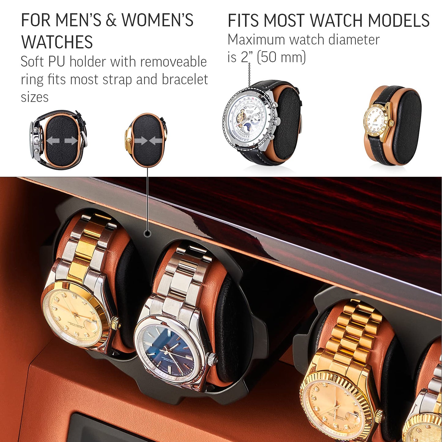 4 Watch Winder with 5 Watch Storage Space, LCD Display, Touch Control and Interior Light (Ebony + Brown)