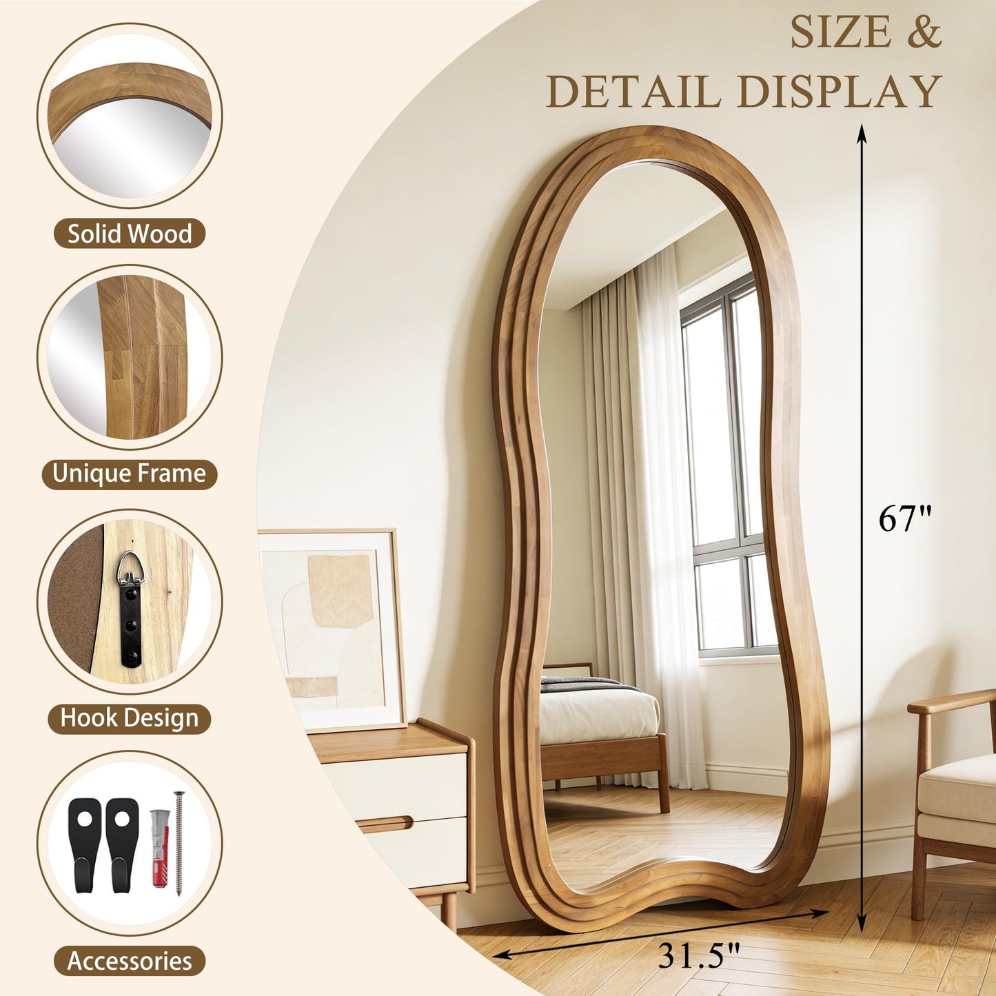 DAOYIJIAJU Irregular Floor Mirror, 67"x31.5" Large Wavy Mirrors with Triple Layer Solid Wood Frame, Premium Asymmetrical Full Length Mirror for Living Room Entryway Hallway Bedroom, Leaning/Hanging