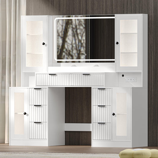Fluted Makeup Vanity Desk with Mirror and Lights, 55" Glass Top Vanity with 8 Drawers & 4 RGB Glass Cabinets, Adjustable Shelves & Power Outlet, Modern Dressing Table Set for Women Girls Bedroom