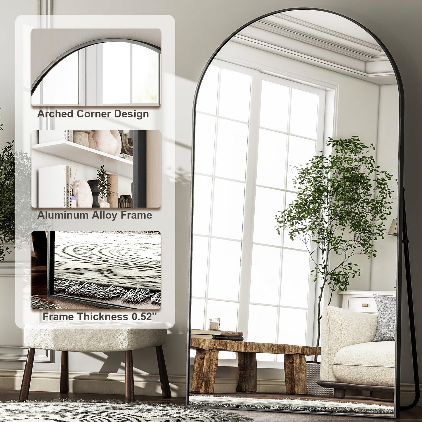HARRITPURE 86x46 inch Full Length Mirror - Oversized Arched Mirror Aluminum Frame Full Body Floor Mirror with Stand for Living Room,Bedroom,Cloakroom,Black