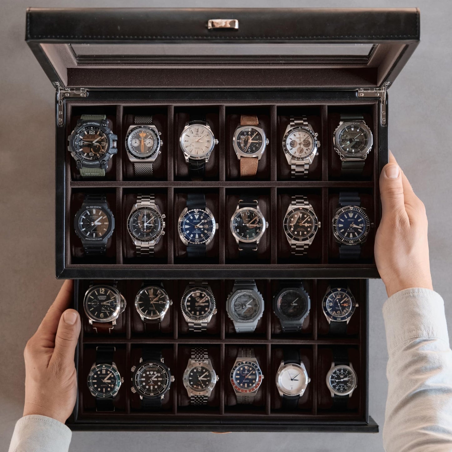 TAWBURY Watch Box for Men - Extra Large 24 Slot Watch Case with Real Glass Display, Removable Drawer and 2-inch Wide Pillows for Large Watches (Black/Charcoal)
