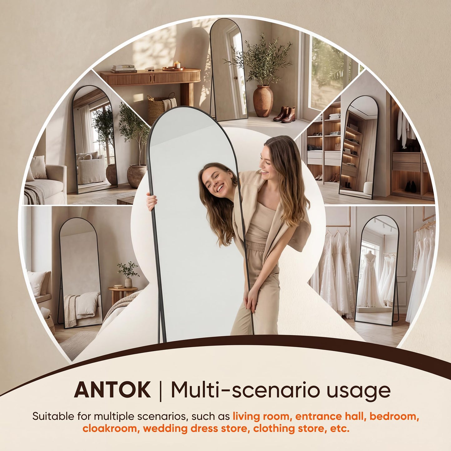 Antok 86" x46” Arched Full Length Floor Mirror, Black Aluminum Frame, Free Standing/Wall Mount/Leaning for Bedroom, Living Room, Dressing Room