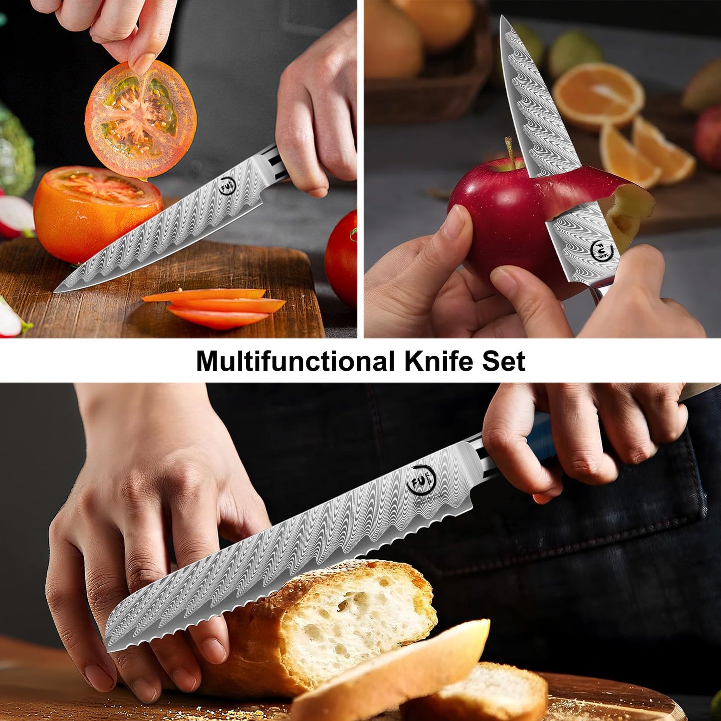 Fukep 5 Piece Damascus Knife Set, Professional Japanese Knife Set with Japanese VG 10 Steel Core, Blue Resin Handle, Includes Chef, Santoku, Bread, Boning & Paring Damascus Knives in Gift Box