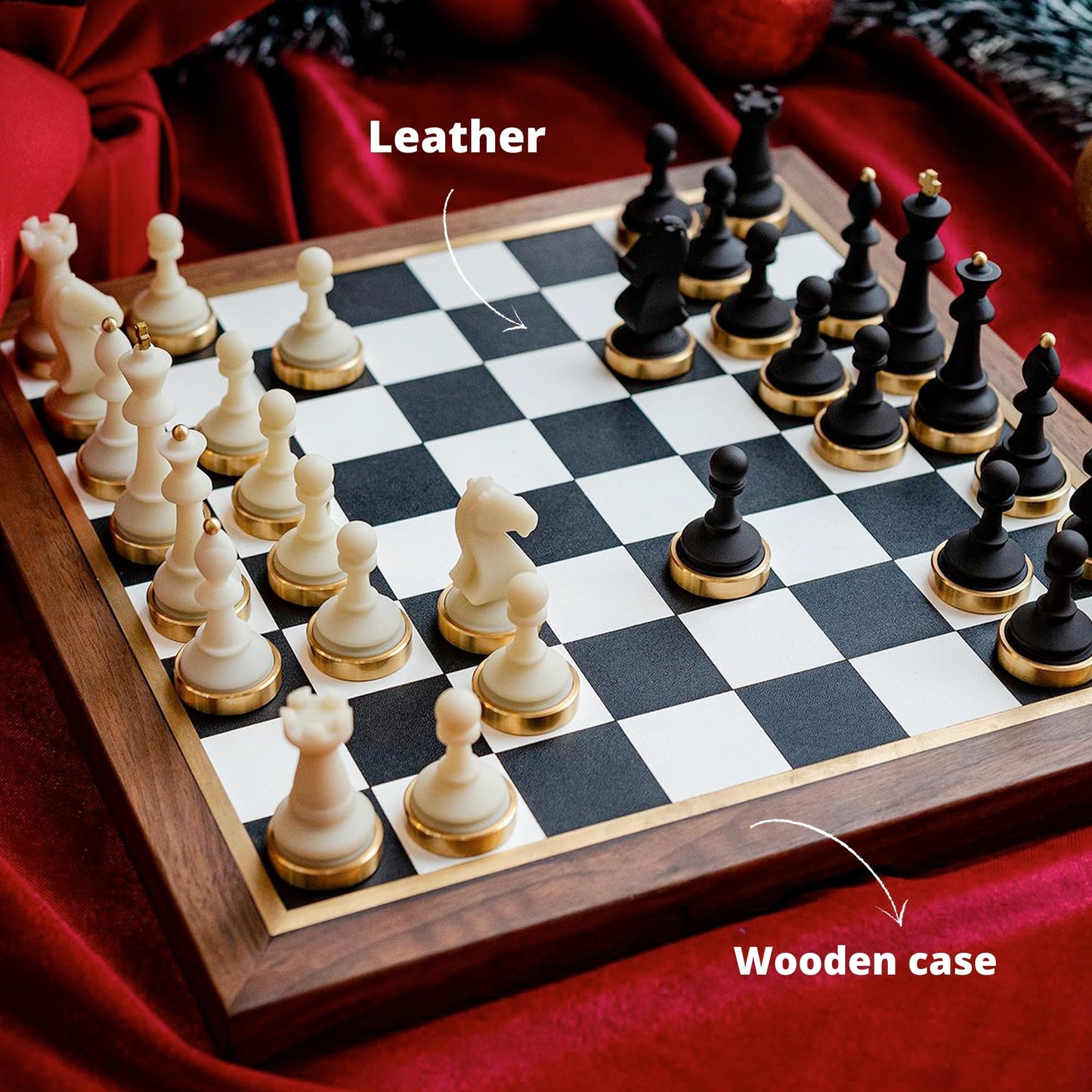 Luxury & Decorative Wooden Chess Set, Walnut Leather Chess Board with Weighted Chess Pieces, Unique Deluxe Wooden Chess Gifts for Board Game Lovers, Handmade Chess Set with Storage