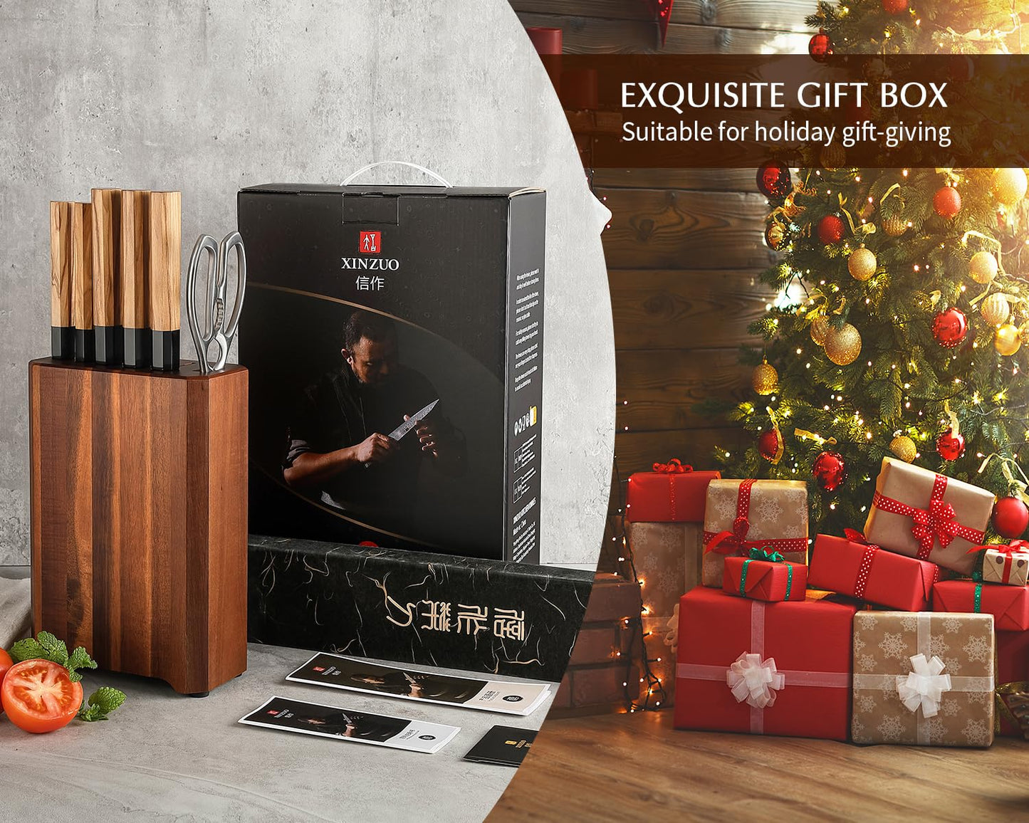 XINZUO Knife Block Set,Hand Forged 67 Layers Damascus Steel,7 Pieces Professional Chef Knife Set with Block&Kitchen Shear&Block, Razor Sharp, Olive Wood Octagonal Handle,Exquisite Box Package