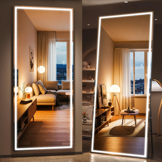 WINNICE 83" x 36" Full Length Mirror with Lights, Large LED Lighted Floor Standing Body Mirror, Dimmable & 3 Color Lighting for Bedroom, Cloakroom, Dressing Room, Tempered Glass, Black Frame
