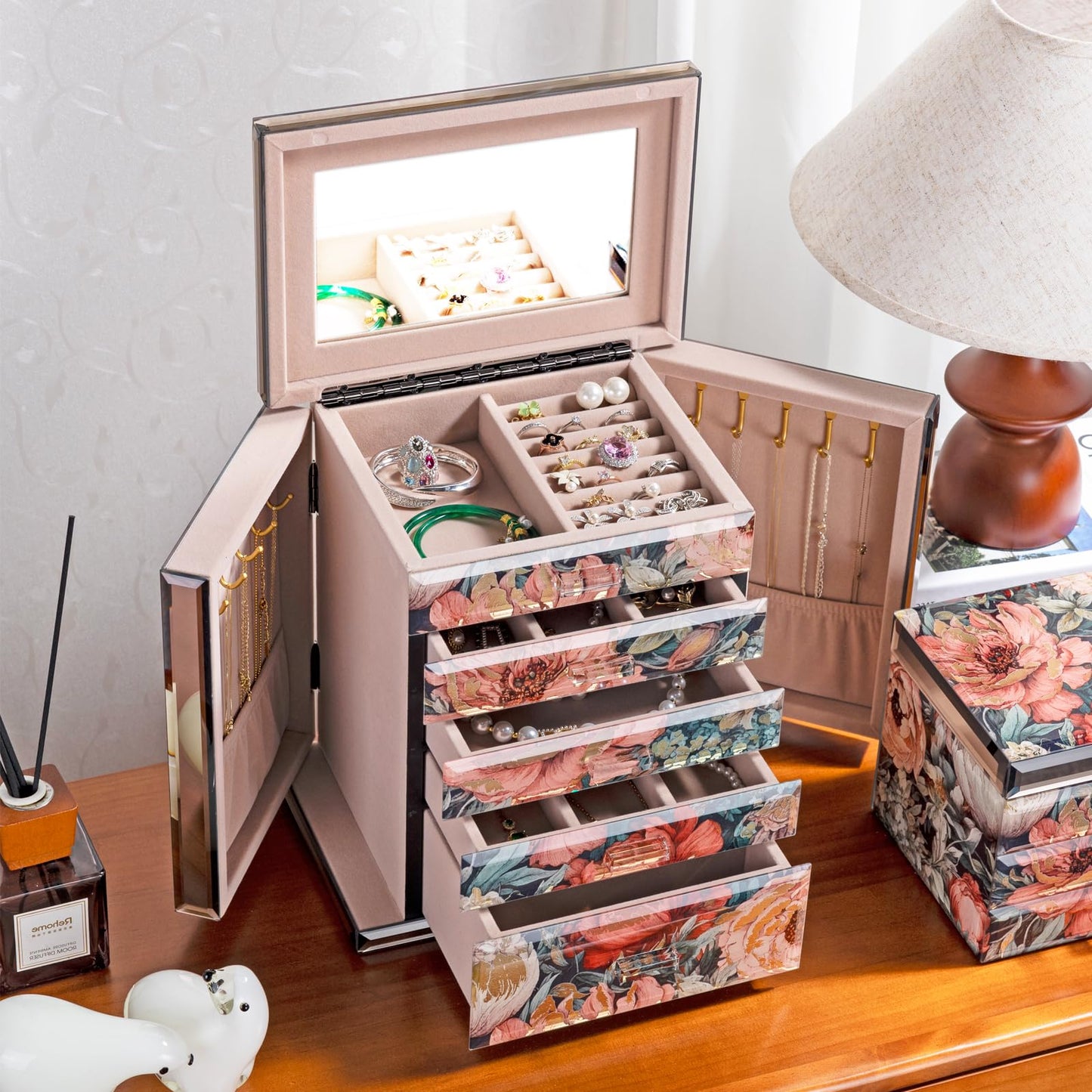 Homruilink High End Glass Jewelry Box, 5 Layer Jewelry Organizer for Women, Side Doors & Mirror, Velvet-Lined Storage for Rings & Necklaces, Ideal Gift (Peony)