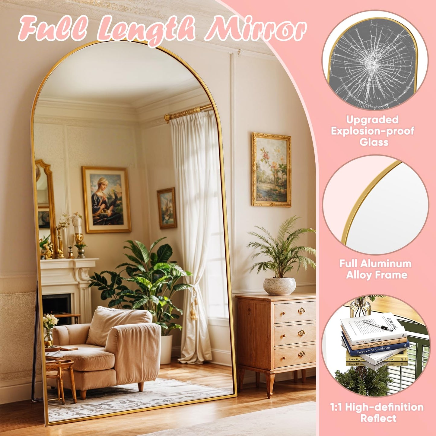 Novlux Full Length Mirror, 81" x 41" Arched Full Body Mirror Large Standing Floor Mirrors, Mirrors for Bedroom, Bathroom, Living Room Standing or Wall Leaning, Gold
