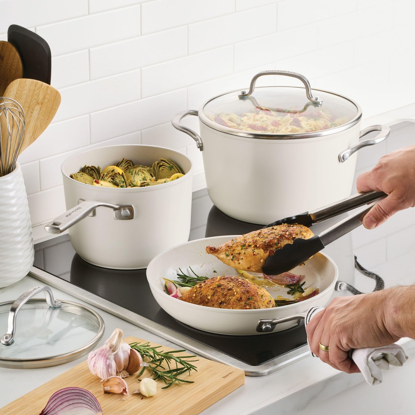 KitchenAid Hard Anodized Ceramic Induction Nonstick Pots and Pans with Saucepans, Frying Pans, Stockpot, and Lids, Dishwasher Safe, 9 Piece Cookware Set with Stainless Steel Handles - Porcelain White