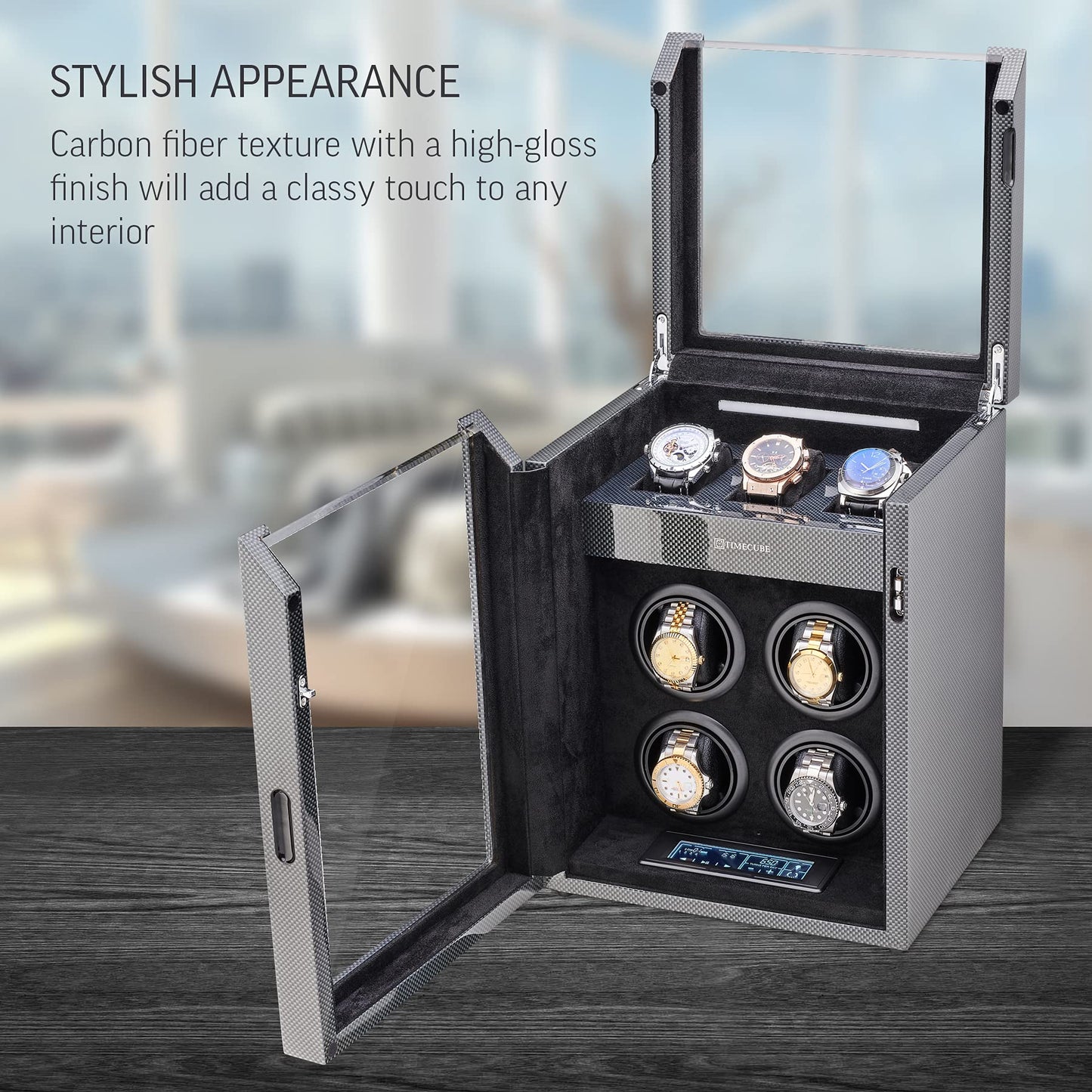 TIMECUBE Watch Winder for 4 Watches with 15 Winding Programs and 3 Watch Storage Slots (Carbon)