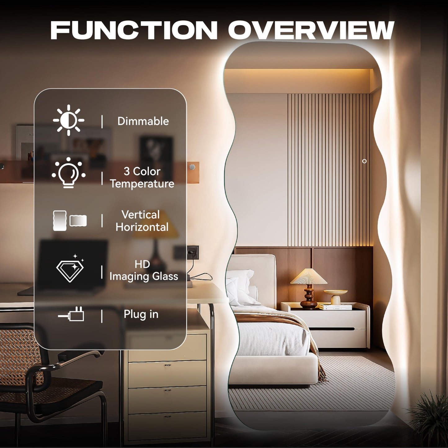 Hasipu Wavy Full Length Mirror with Lights - 71"×31" LED Wavy Floor Mirror, Frameless, Dimmable, Standing or Vertical/Horizontal Wall-Mounted Mirror for Bedroom, Living Room, Cloakroom