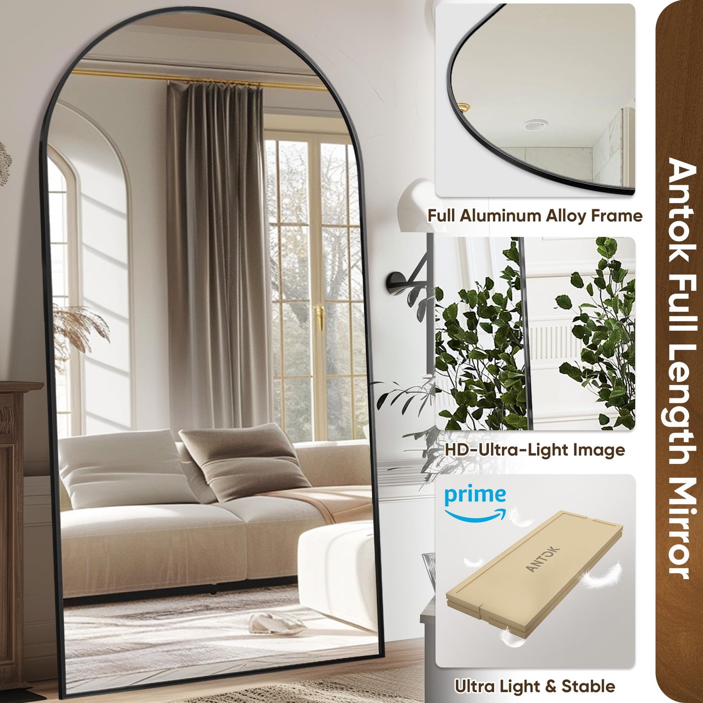 Antok 91" x46” Arched Full Length Floor Mirror, Black Aluminum Frame, Free Standing/Wall Mount/Leaning for Bedroom, Living Room, Dressing Room