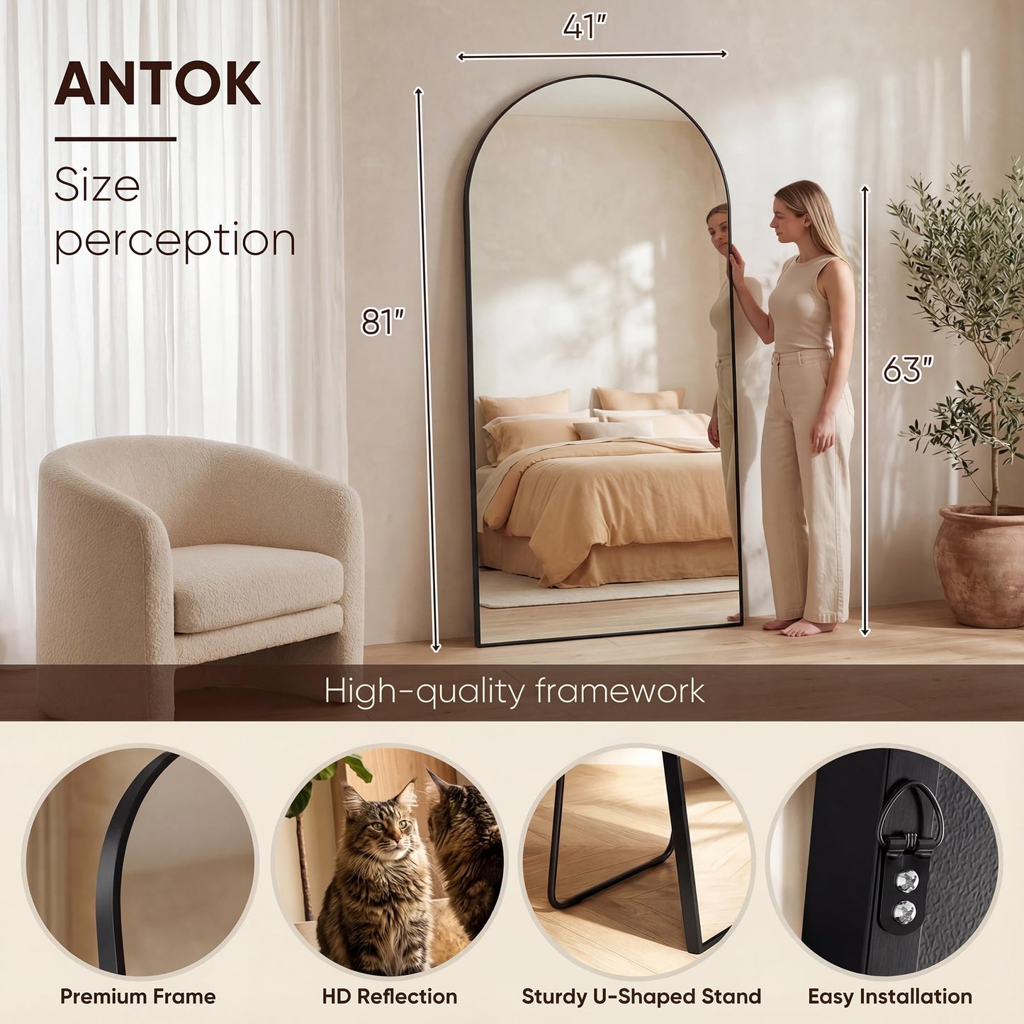 Antok 81" x41” Arched Full Length Floor Mirror, Black Aluminum Frame, Free Standing/Wall Mount/Leaning for Bedroom, Living Room, Dressing Room