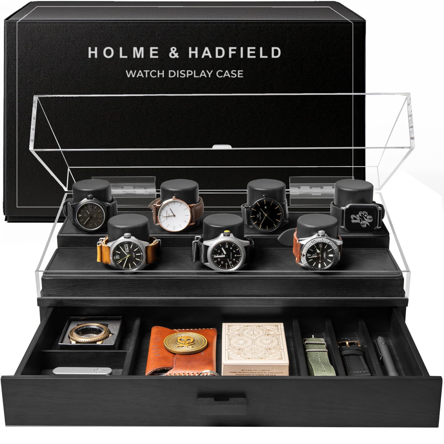 7 Slot Watch Box & Cleaning Kit Bundle – Large Wooden Watch Organizer Case + Full Watch Care Set (Crystal & Leather Care Restorer, Metal Cleaning Solution, Brushes, & Microfiber Cloth) | Gift for Men
