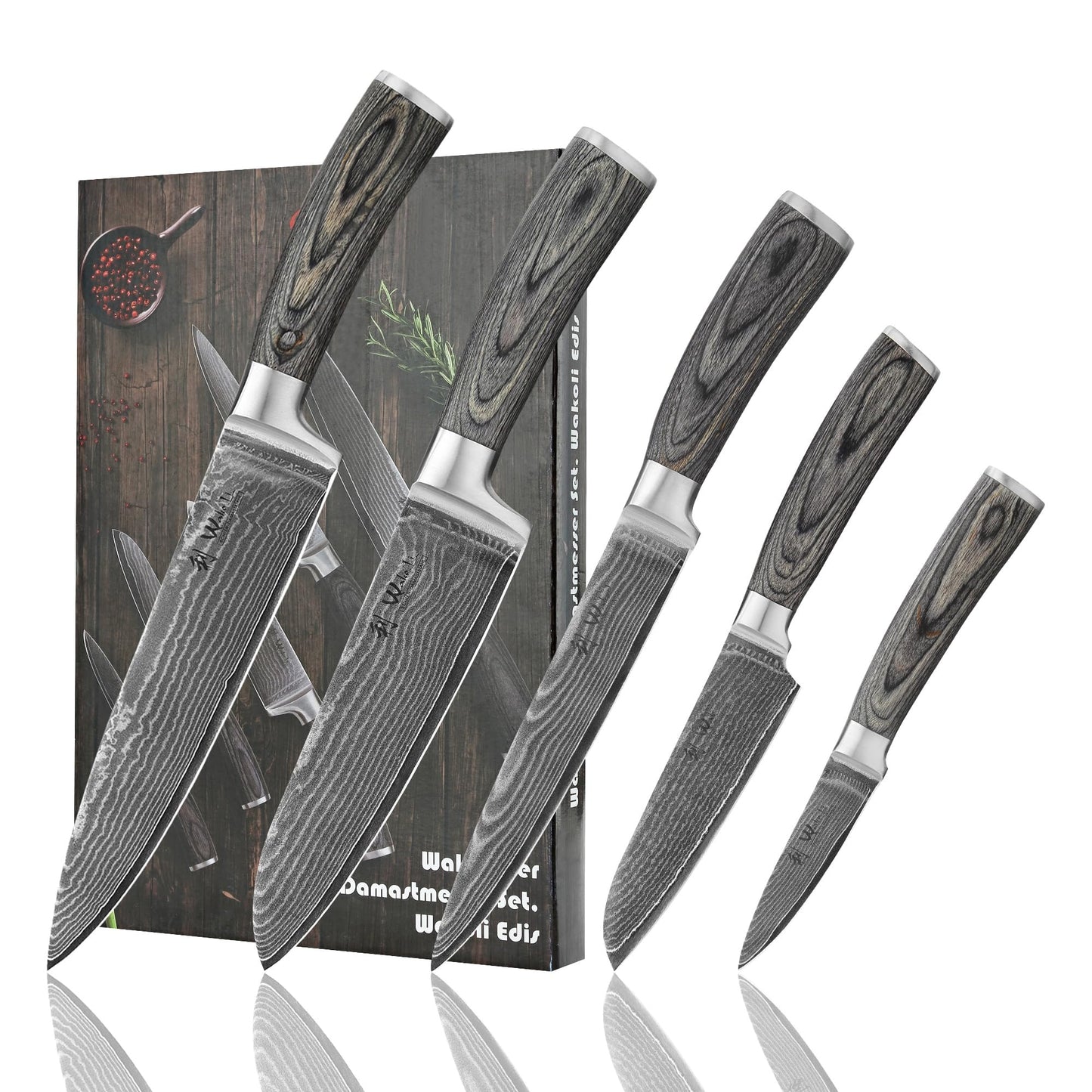 Wakoli EDIS 5-Piece Damascus Kitchen Knife Set – Professional Kitchen Knives with VG10 Core, 67-Layer Damascus Steel Blades and Ergonomic Pakkawood Handles – Premium Chef Knife Set in Gift Box