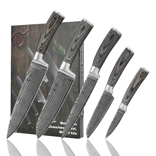 Wakoli EDIS 5-Piece Damascus Kitchen Knife Set – Professional Kitchen Knives with VG10 Core, 67-Layer Damascus Steel Blades and Ergonomic Pakkawood Handles – Premium Chef Knife Set in Gift Box