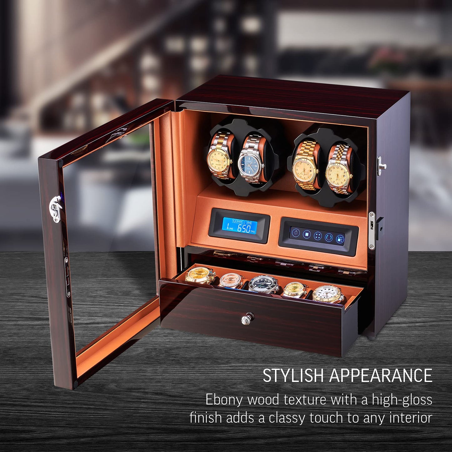 4 Watch Winder with 5 Watch Storage Space, LCD Display, Touch Control and Interior Light (Ebony + Brown)