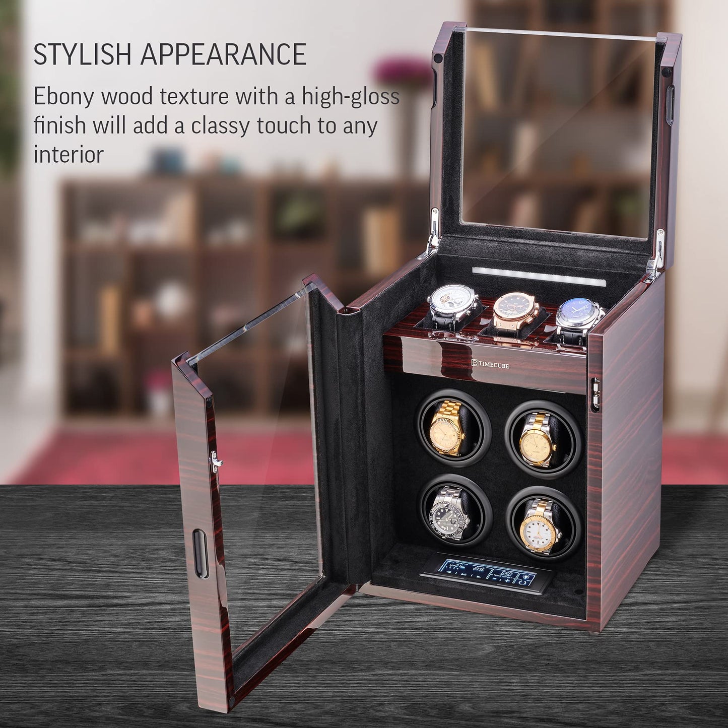 TIMECUBE Watch Winder for 4 Watches with 15 Winding Programs and 3 Watch Storage Slots (Ebony)