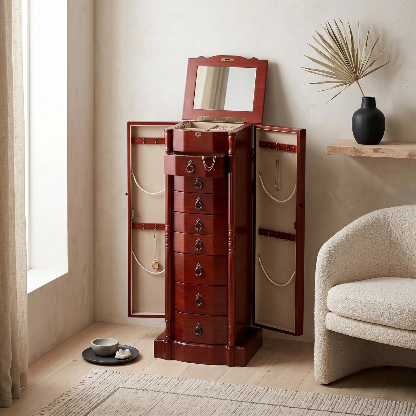 Hives and Honey Sheffield Traditional Standing Jewelry Armoire Cabinet, Antique Locking Storage Organizer with Mirror, 8 Drawers, Necklace Hooks, Anti-Tarnish Lining, Cherry